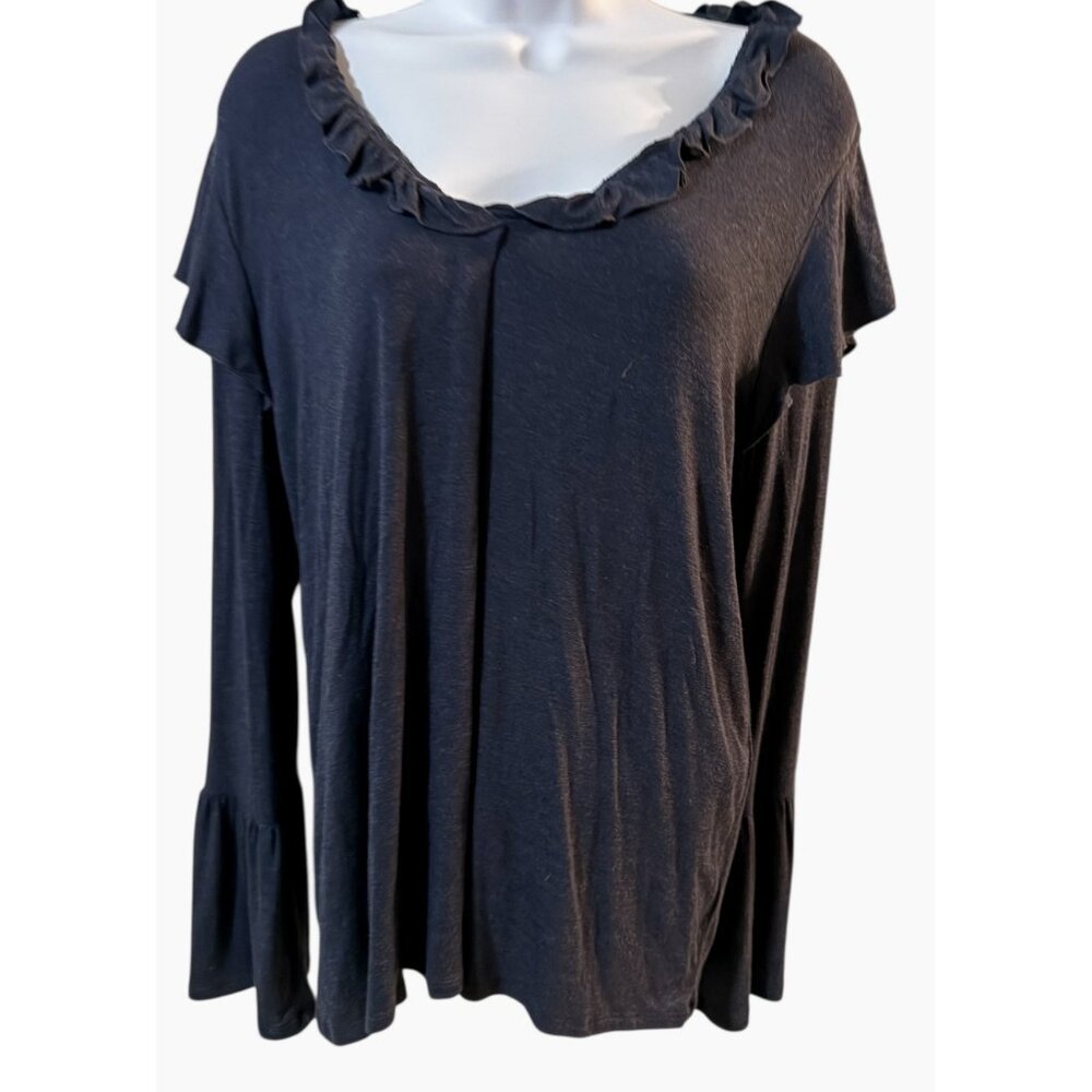 Pleione Ruffled V Neck Bell Sleeve Tie Back Top Womens Large Navy Blue